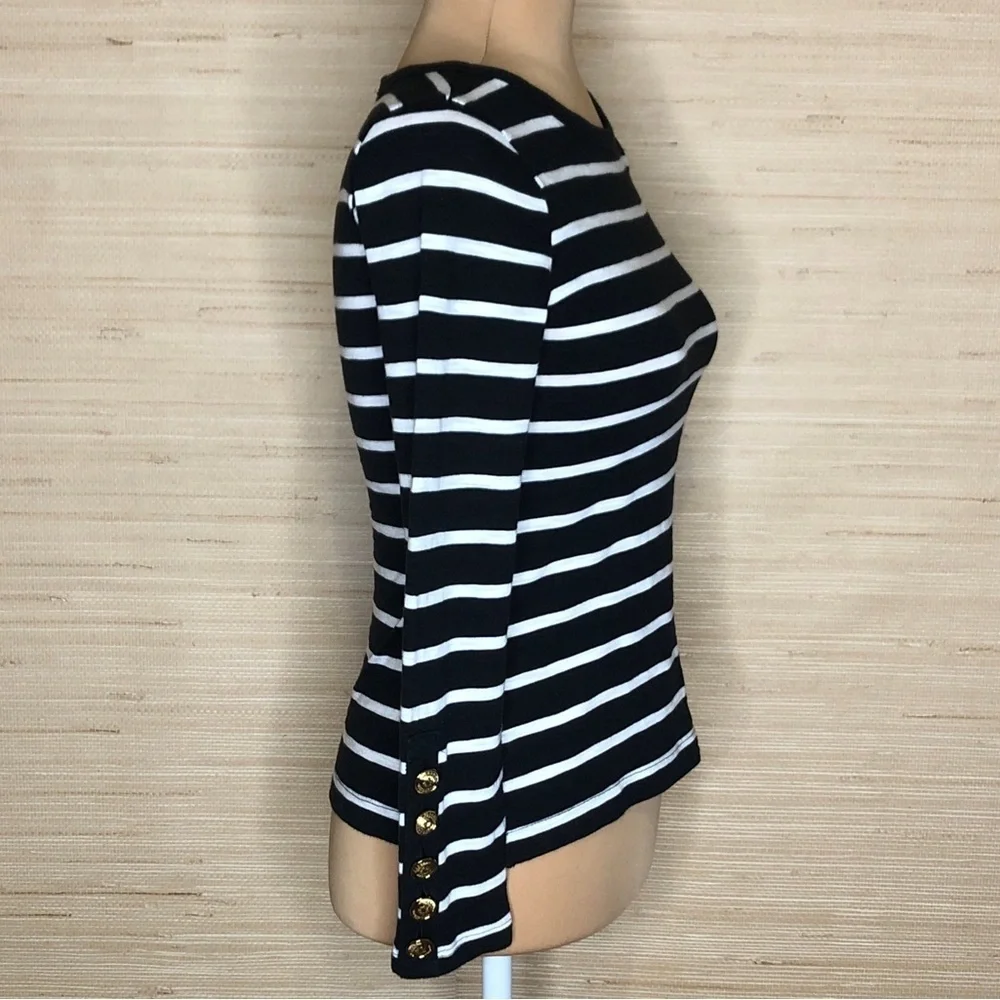 White House Black Market Striped Long Sleeve Tee with Gold Accent Buttons XXS
